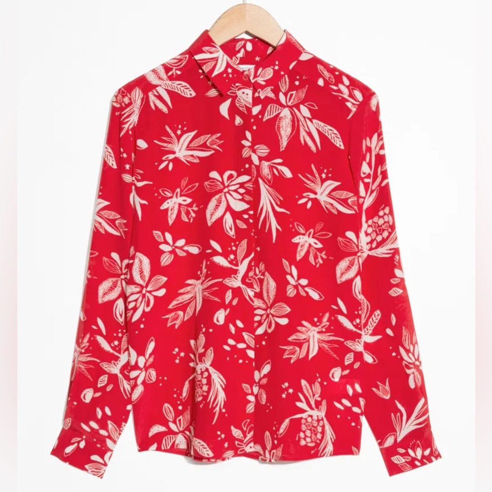 & Other Stories 100% Silk Long Sleeve Button Down Collared Blouse Red & White 10 - Picture 7 of 16